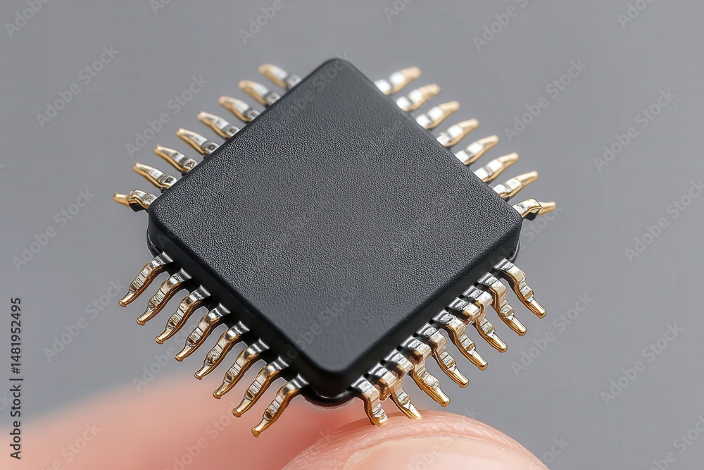 Poster close-up image of an advanced microchip held between fingers showcasing intricate metal pins and a s