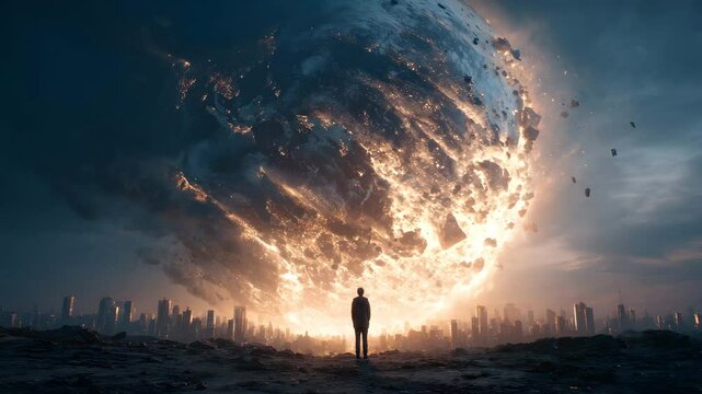 Man standing boldly in front of a massive and fiery explosion in a dramatic landscape scene