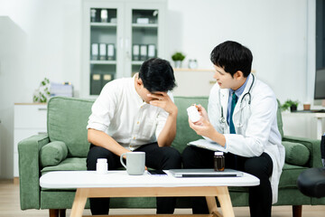 Doctor giving emotional support and medication advice to stressed male patient. Mental health, therapy, and care