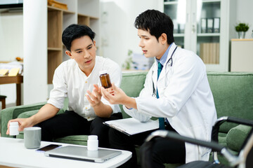 Doctor giving emotional support and medication advice to stressed male patient. Mental health,...