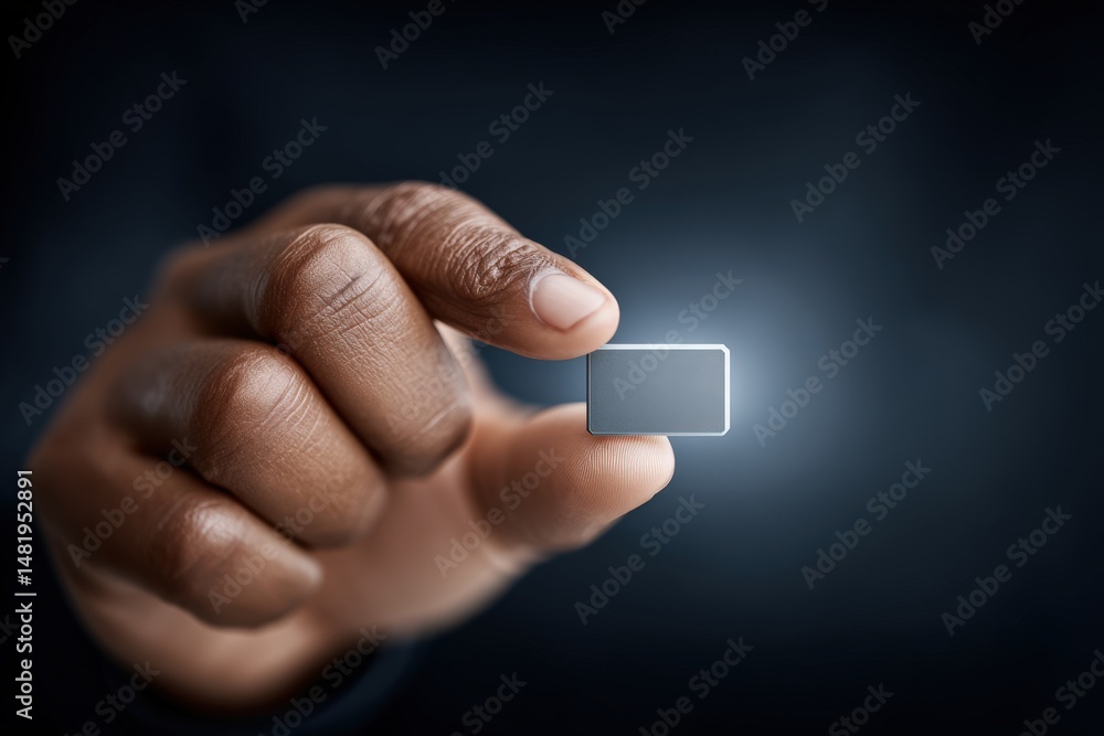 Poster a close-up view of a hand holding a small metallic sim card representing technology connectivity and