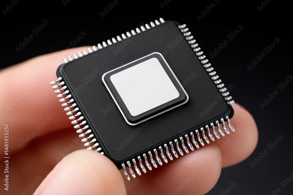 Aufkleber close-up view of a black microchip held delicately between fingers highlighting technology innovatio