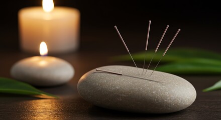 Acupuncture Needles on Stone with Candle Light for Spa Concept