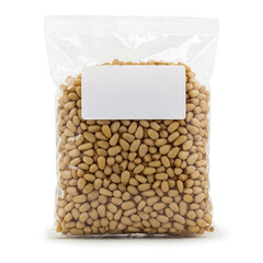 Packaged pine nuts ready for culinary use in a clear plastic bag with blank label