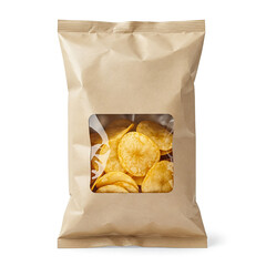 Bag of crispy yellow potato chips displayed in a clear window packaging from a market setting in daylight