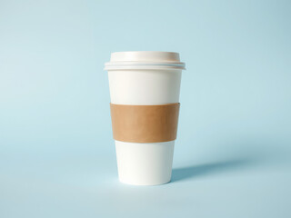 White Takeaway Coffee Cup with Kraft Sleeve Mockup on Light Blue Background