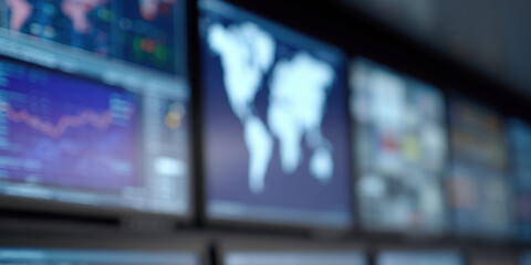 Blurred digital screens displaying world map and data charts