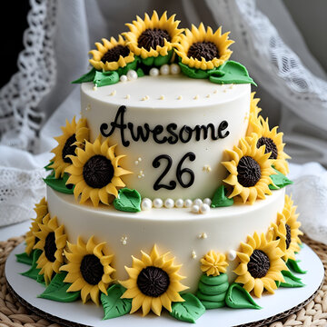 Cake with flowers Elegant Sunflower Two-Tier 26th Birthday Cake with White Frosting and Sugar Pearls Yellow Theme
