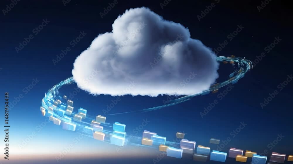 Poster digital cloud with data and folders swirling in digital storage orbit