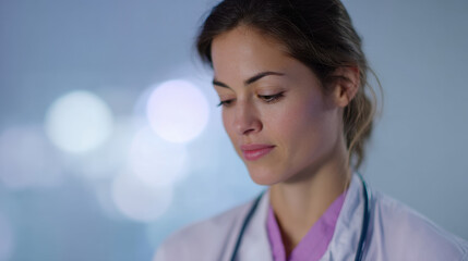 Fototapeta premium Focused medical professional in white coat with stethoscope