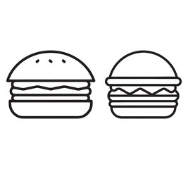 Cheese burger vector icon set,in black outline, solid and colored style,