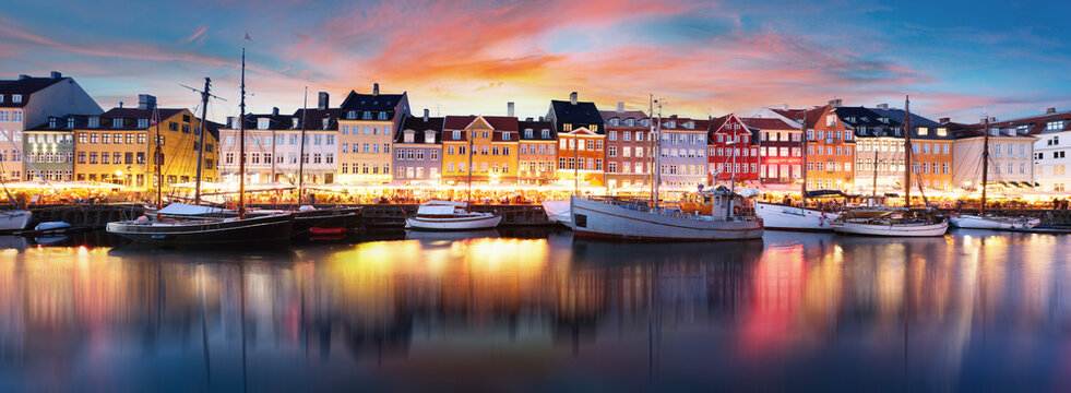 Panorama of Copenhagen canal Nyhavn at sunset, Denmark