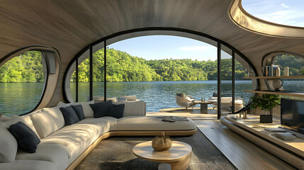 Modern Houseboat Living Room With Lake View