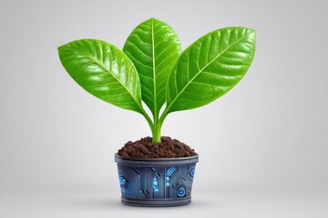 Digital plant growing in a futuristic pot design symbolizing the merging of technology and nature showcasing the balance between innovation and sustainability as a vibrant life force