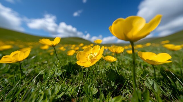 Yellow Flowers in a Green Field Under a Blue Sky