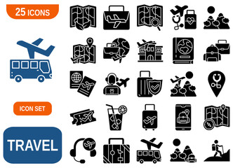 A comprehensive set of 25  icons representing various aspects of travel and tourism. 