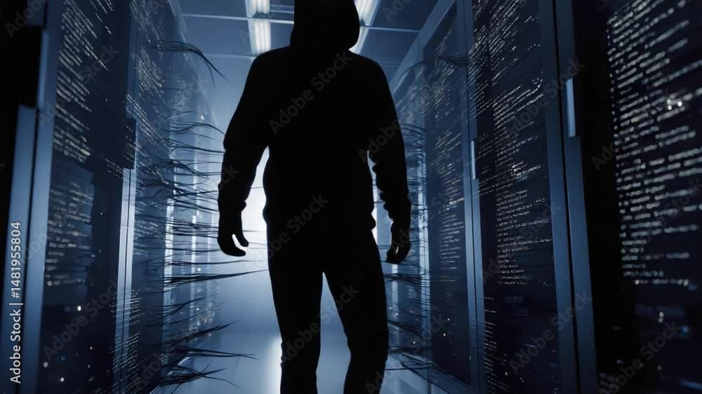 Poster hooded figure walking through data center with server racks
