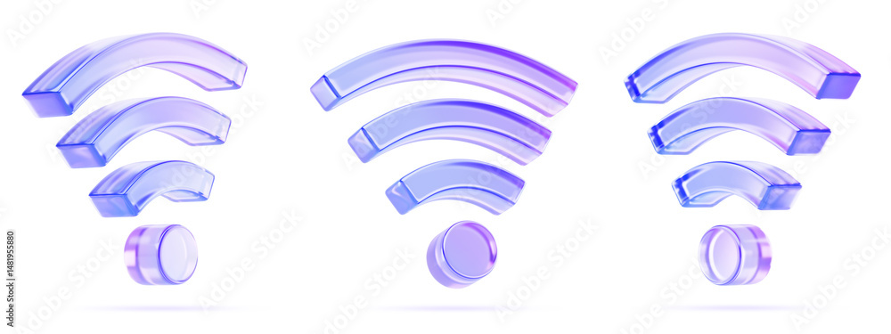 Poster 3d set of glass hologram wifi icon in different angles. crystal light holographic signal radio waves