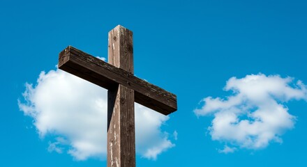 Wooden Cross Against Blue Sky with Clouds Outdoor
