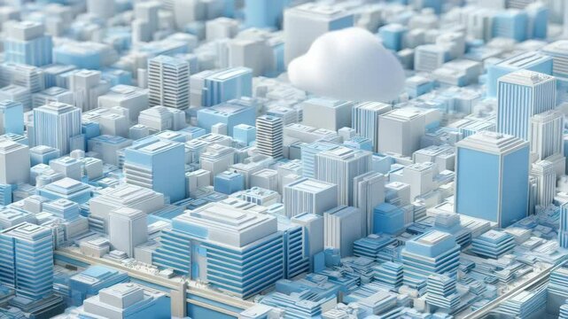 Abstract city model with white and blue buildings under a single cloud representing cloud computing or urban development.