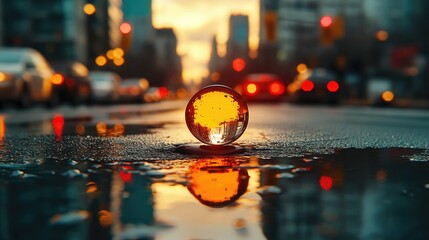 A flipped city captured in the reflection of a streetlight on a rainy evening