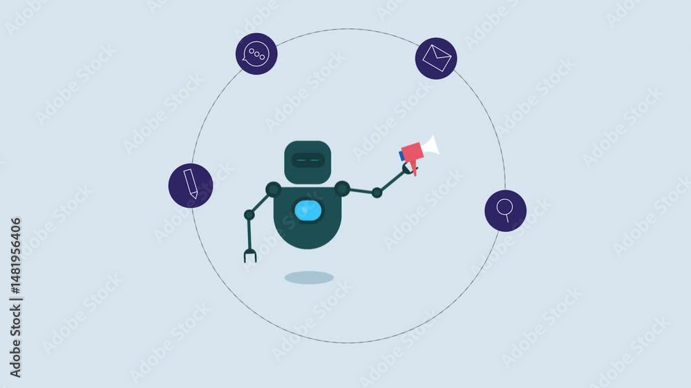 Poster chatbot robot with megaphone amplifies brand messaging, encircled by dynamic icons, delivering autom