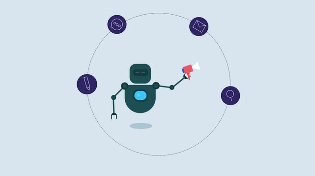 Chatbot robot with megaphone amplifies brand messaging, encircled by dynamic icons, delivering automated outreach and customer support.