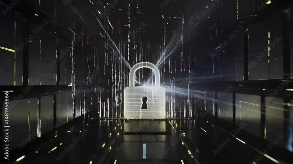 Poster digital security and lock technology cyber environment with glowing