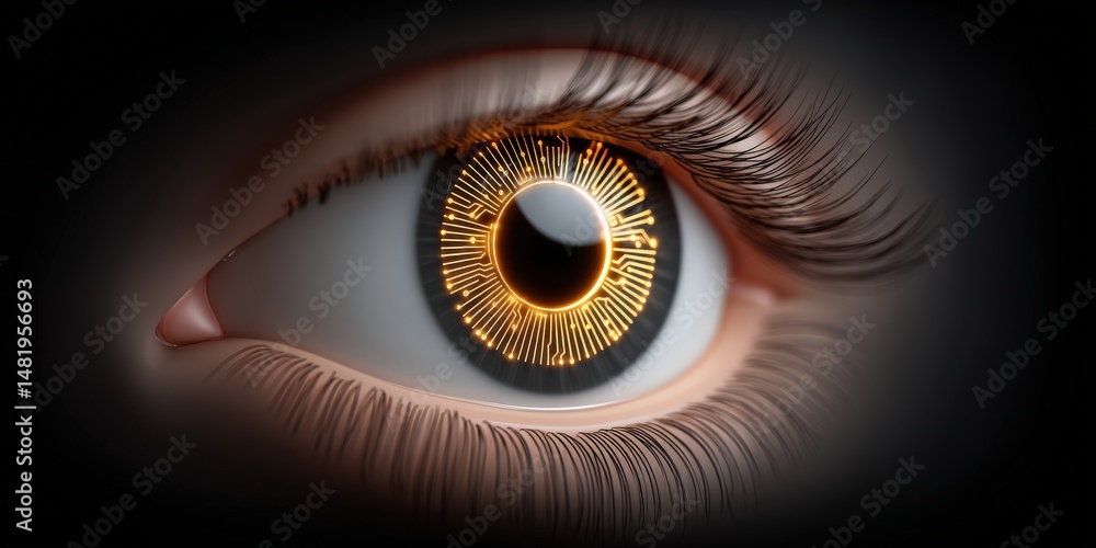 Poster an exceptionally detailed close-up of a human eye with intricate digital circuitry patterns featurin