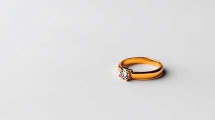 A gold ring with a prominent diamond sits on a white surface. Light casts shadows