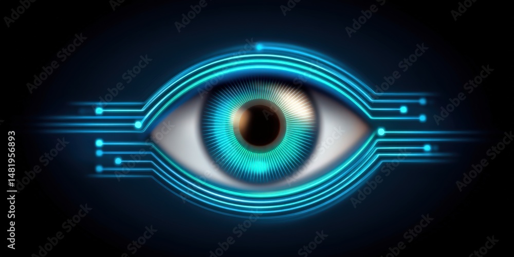 Poster futuristic eye design with vibrant blue digital circuitry representing innovation in perception tech