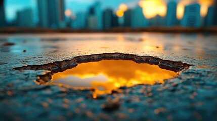 A flipped cityscape seen through the surface of a giant, still puddle in a square