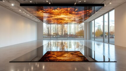 A flipped skyline, mirrored in a glossy black surface of a modern art installation