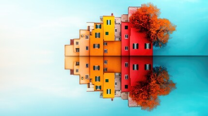 A flipped town reflected in the water of a glassy river, creating a dreamlike effect