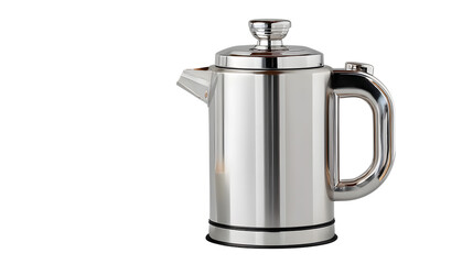 Electric kettle with visible water gauge and steam effect, stainless steel body, on white background 