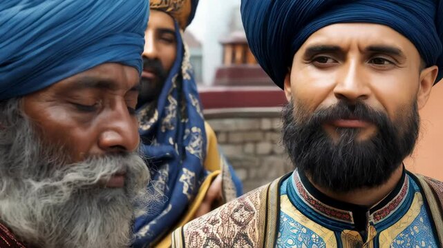 Close up of Sikh man with closed eyes and a blue turban, wearing traditional clothing, in outdoor religious setting