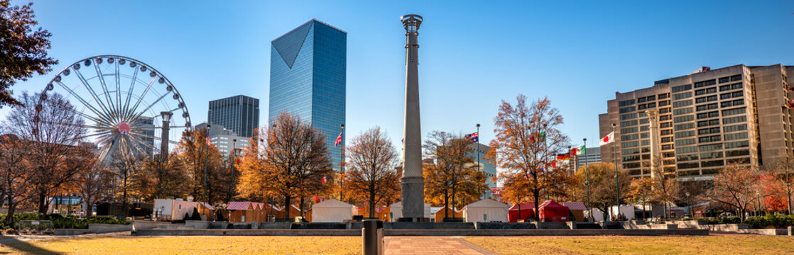 Atlanta Georgia downtown city skyline over Centennial Park panorama