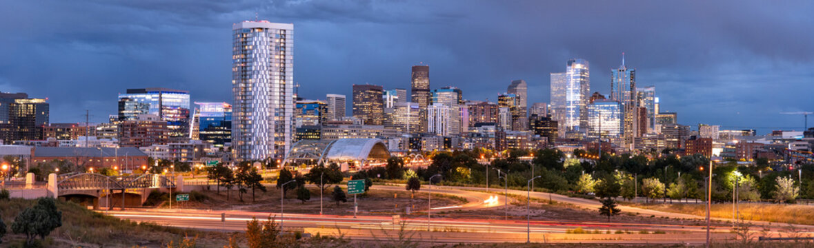 Denver Colorado downtown city skyline view at night panorama