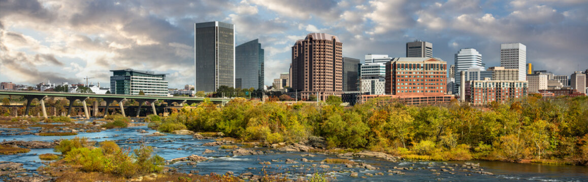 Richmond Virginia downtown city panoramic skyline over James River