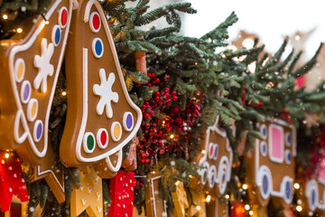 Beautiful festive toys on the Christmas tree in Moscow. Beautiful Christmas background. The concept...