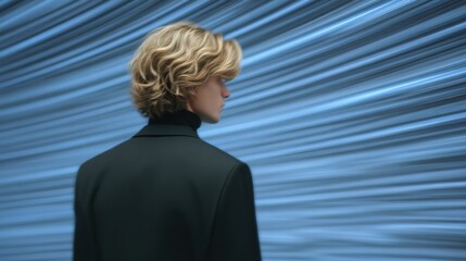 Fototapeta premium A stylish individual with tousled hair dressed in a tailored black jacket observing the abstract blue patterns in the background embodying modern aesthetics and confident expression
