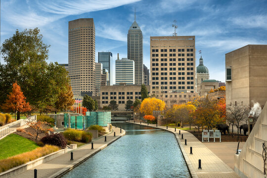 Indianapolis Indiana downtown skyline view with canal USA