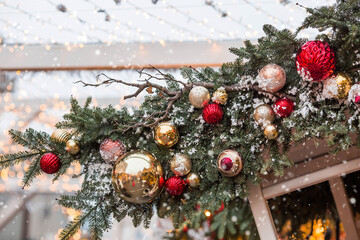 Beautiful festive toys on the Christmas tree in Moscow. Beautiful Christmas background. The concept...