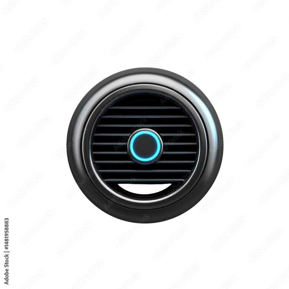 Poster sleek metallic vent glowing cyan button dark background futuristic design on transparent background