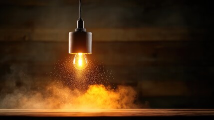 A fog of tiny suspended water droplets, glowing softly under a hanging light in a dark space