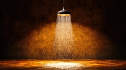 A fog of tiny suspended water droplets, glowing softly under a hanging light in a dark space