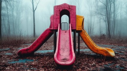 A fog-covered, abandoned playground with no children in sight.