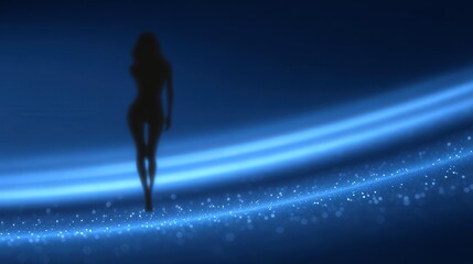 A silhouette figure walking gracefully through an ethereal blue environment filled with sparkling lights and soft reflections creating a mesmerizing backdrop evoking a sense of calm serenity