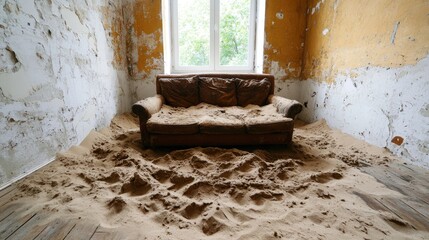 A forgotten room filled with sand, with old, unused furniture buried under the weight of time.