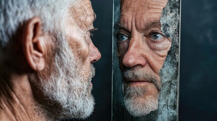 A frail old man looks into the mirror and sees himself as a young, energetic man.